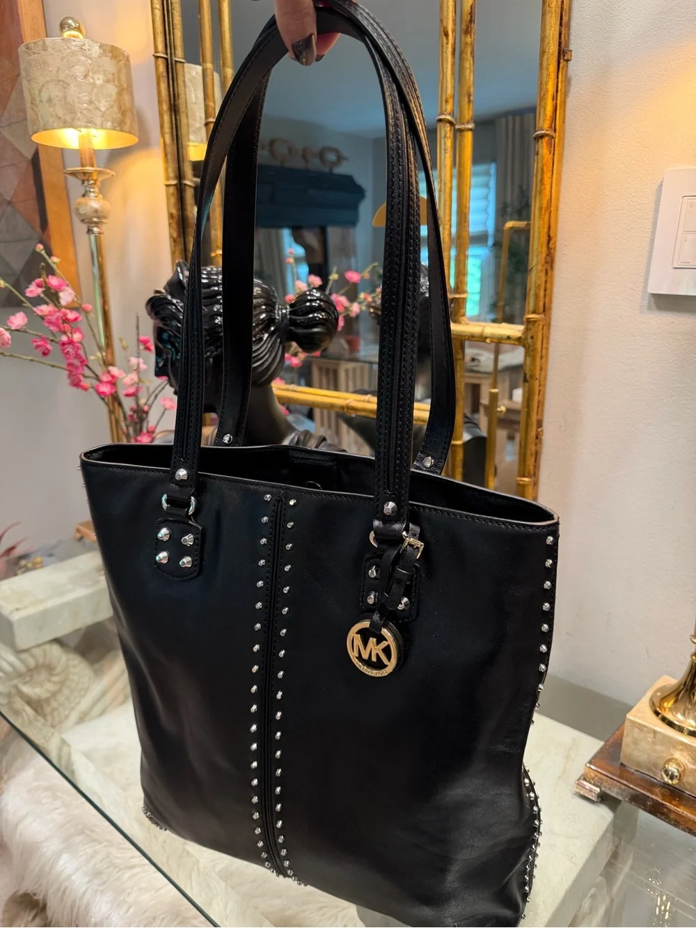 Michael Kors Black Leather Studded Chic Top Handle Tote NWOT